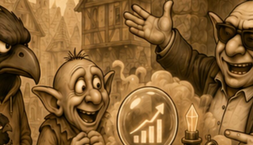 Crowbah und Grabhold treffen im sepiafarbenen Fantasy-Comic auf Bork von Speckstein, der sein fragwürdiges Friedhofs-Start-up Grave X mit einer magisch erscheinenden Maschine präsentiert.