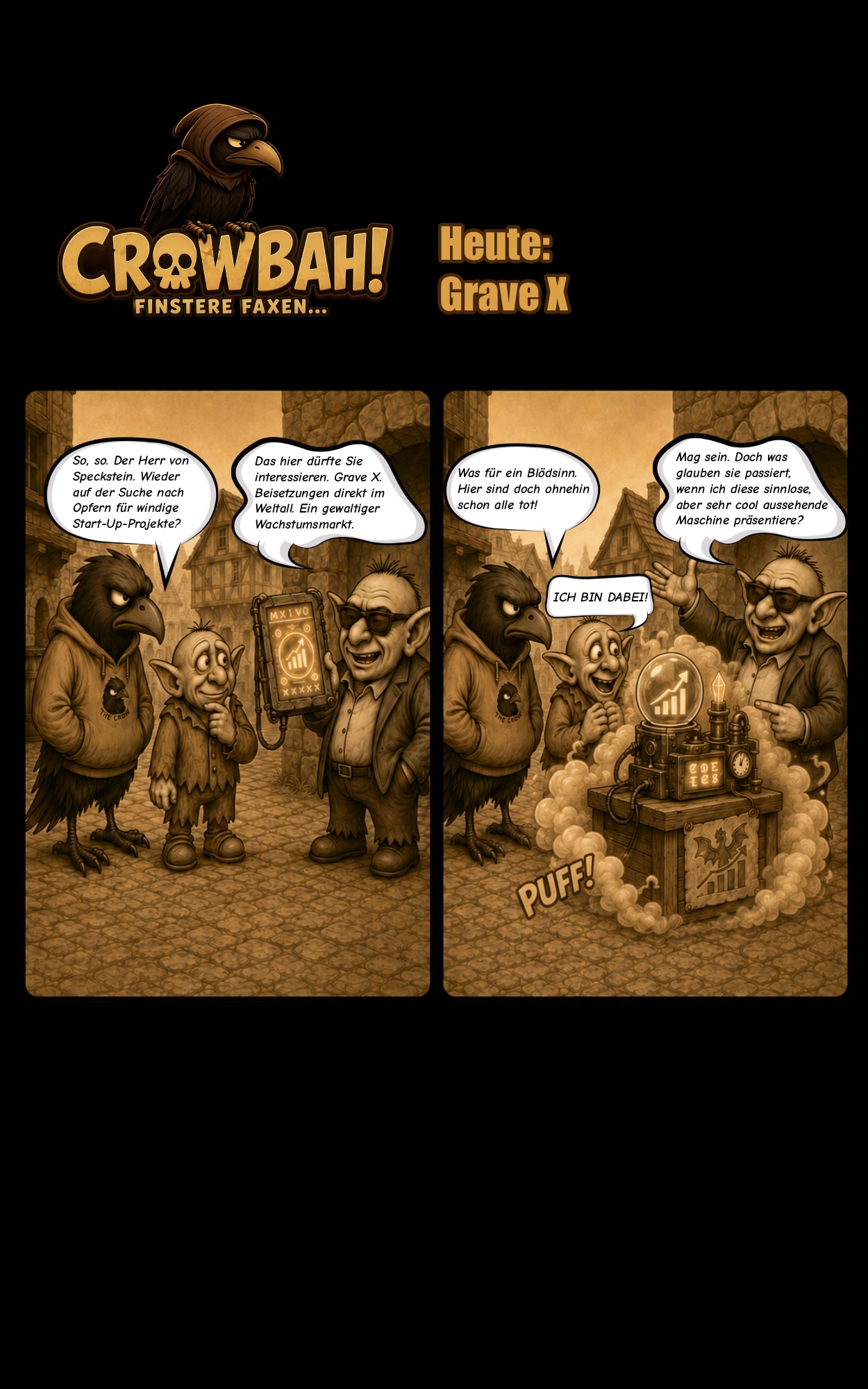 Zweiteiliger Crowbah-Comic in Sepiaoptik: Bork von Speckstein präsentiert Crowbah und Grabhold das Start-up Grave X, während eine magische Maschine mit Puff-Effekt erscheint.