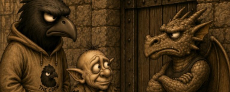Crowbah und Grabhold stehen vor dem geschlossenen Dragon House, werden von einem kleinen Drachen-Türsteher abgewiesen.