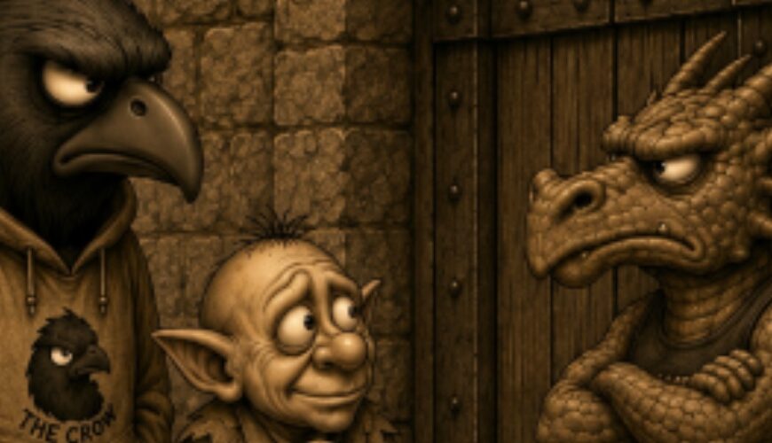 Crowbah und Grabhold stehen vor dem geschlossenen Dragon House, werden von einem kleinen Drachen-Türsteher abgewiesen.