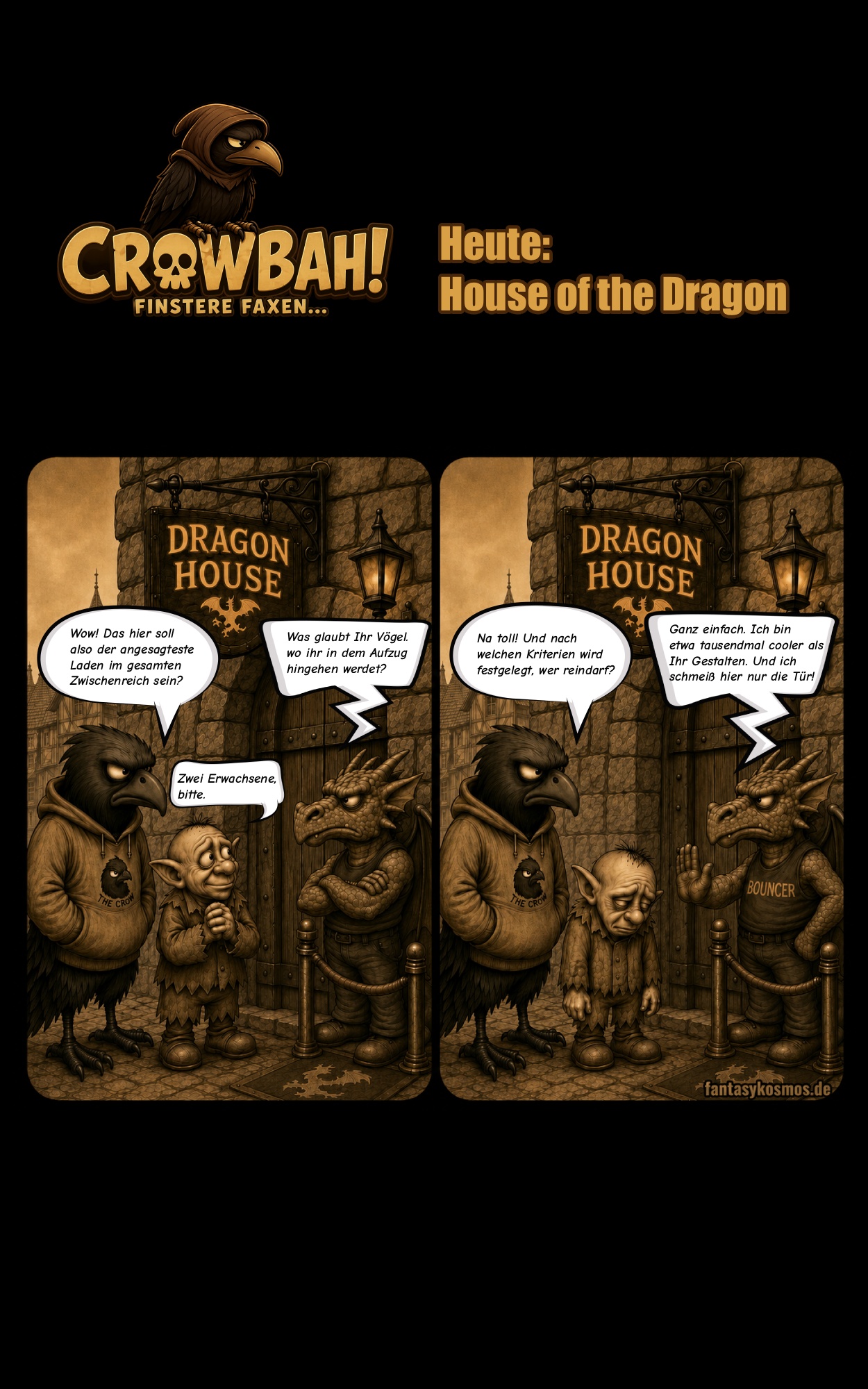 Zweiteiliger Crowbah-Comic in Sepiaoptik: Bork von Speckstein präsentiert Crowbah und Grabhold das Start-up Grave X, während eine magische Maschine mit Puff-Effekt erscheint.