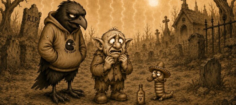 Crowbah und Grabhold stehen bei großer Hitze mit Pedro auf einem Friedhof.