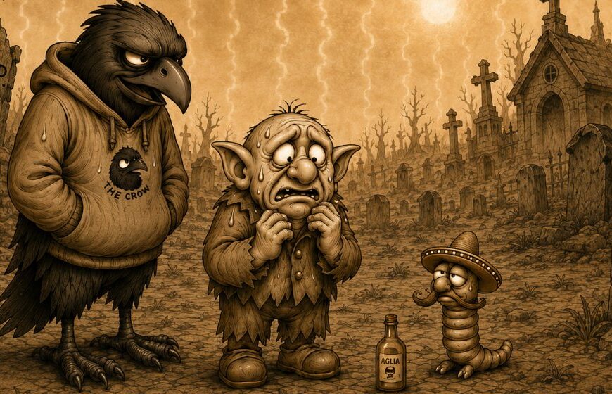 Crowbah und Grabhold stehen bei großer Hitze mit Pedro auf einem Friedhof.