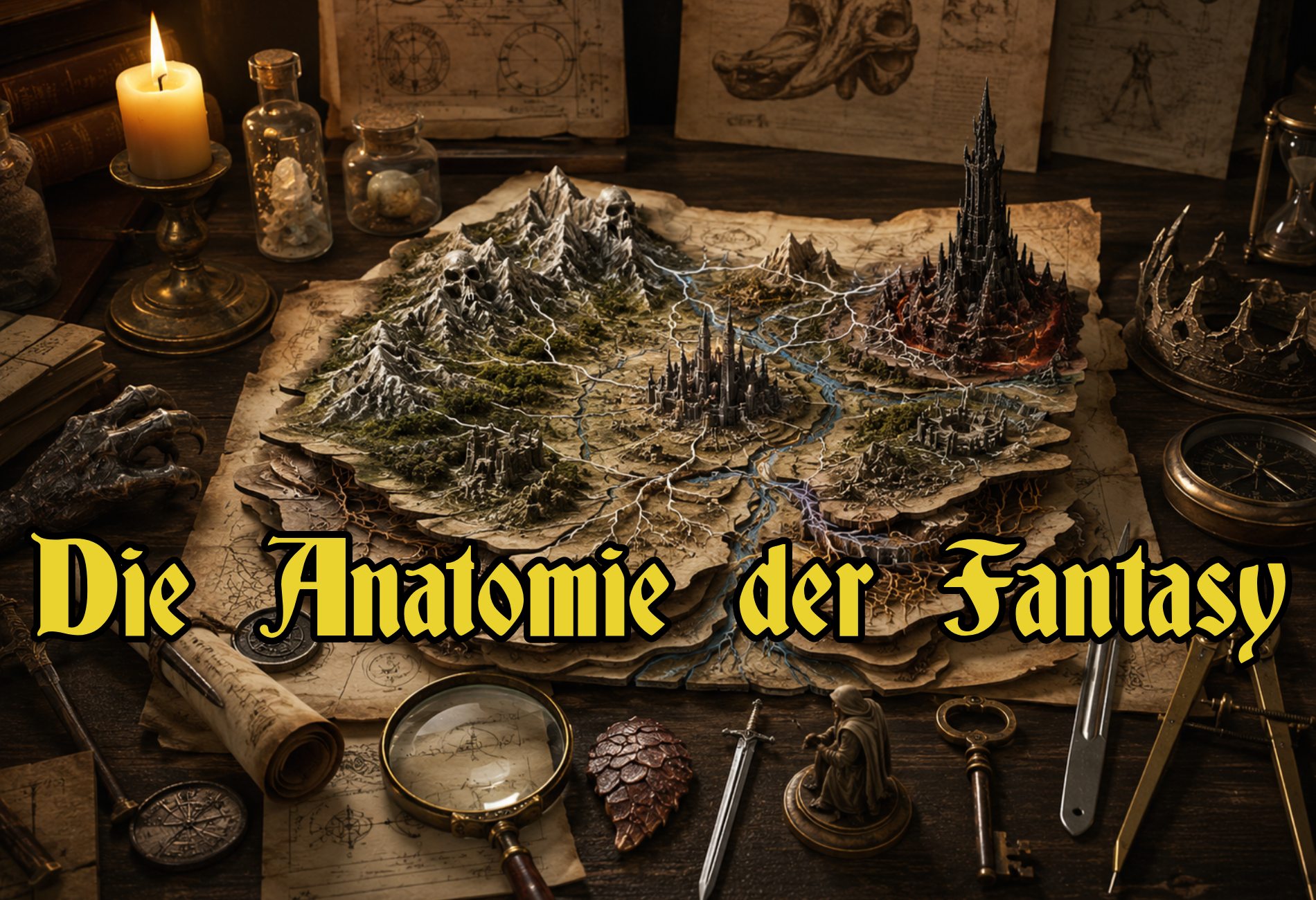 Fantasyautor schreibt in einem alten Arbeitszimmer, über dem Buch formen sich glühende Runen zu einem leuchtenden Motiv – Symbol für das Herz einer Geschichte.