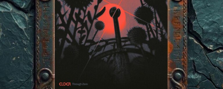 Albumcover von Elder – Through Zero: Dunkles psychedelisches Artwork mit schwarzen Pflanzen- und Distelformen vor einer leuchtend roten Sonne oder einem roten Kreis. Die Szene wirkt kosmisch, fremdartig und apokalyptisch. Unten links stehen Bandname Elder und Albumtitel Through Zero.