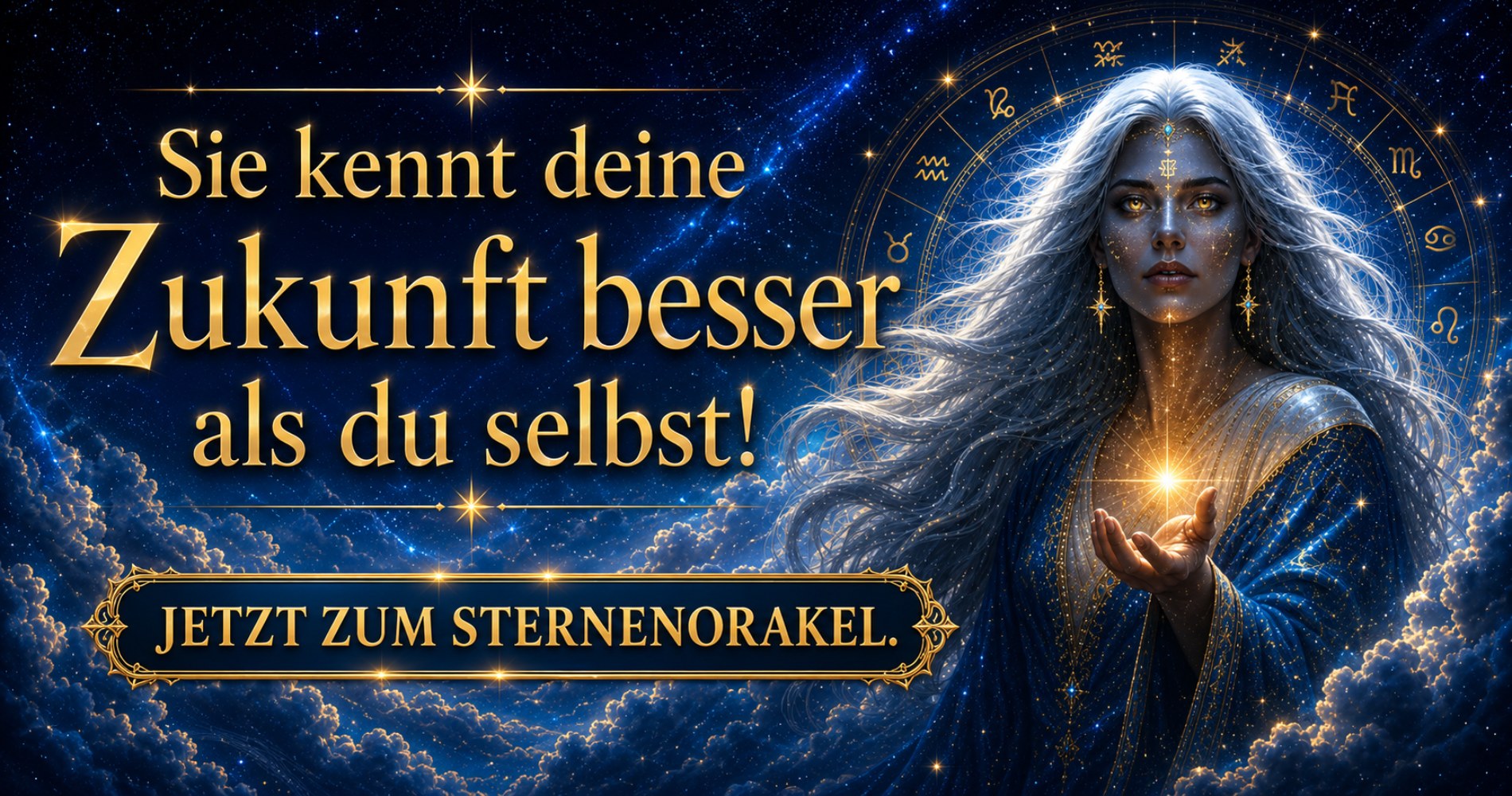 Das Sterneorakel von Elyra sieht in deine Zukunft. DIe Sternengöttin vor blauem Hintergrund. 