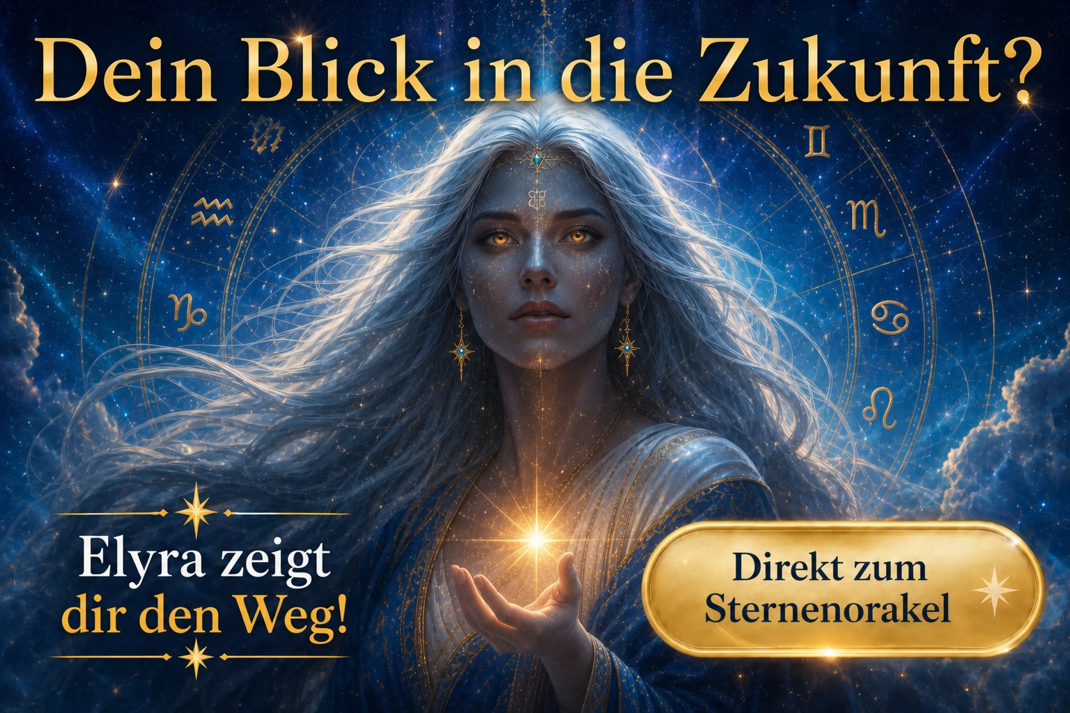 Mystisches Banner mit Elyra, der Sternengöttin: Ihr leuchtendes Gesicht vor einem funkelnden Sternenhimmel, goldener Schriftzug ‚Dein Blick in die Zukunft?‘ und ein glänzender goldener Button ‚Direkt zum Sternenorakel‘.