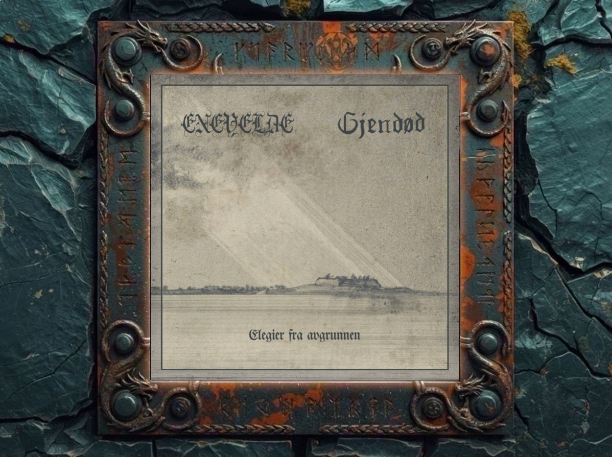Albumcover Enevelde / Gjendød – Elegier fra avgrunnen: Verwaschene graue Landschaft mit Wasser, flachem Horizont, dunkler Landmasse, körniger Papierstruktur, schmalem Rahmen sowie Bandnamen oben und Albumtitel unten in schwarzer Schrift.