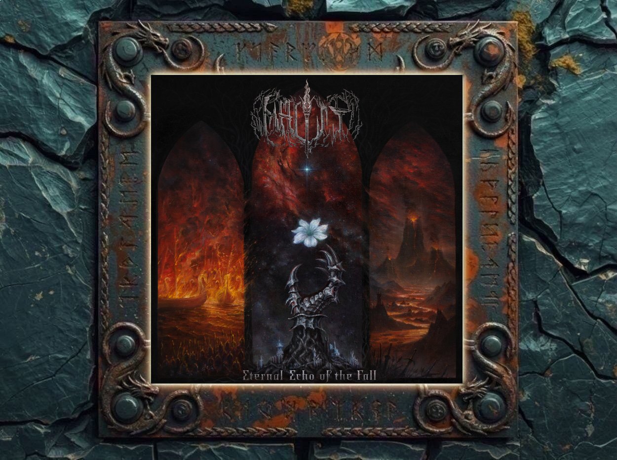 Albumcover Malist – Eternal Echo of the Fall: Dunkles Fantasy-Triptychon mit drei hohen Bögen, brennender apokalyptischer Landschaft links, rotem Vulkan rechts, kosmischer Mittelachse mit weißer Blume und dunkler turmartiger Gestalt darunter; oben steht das zerklüftete Bandlogo.