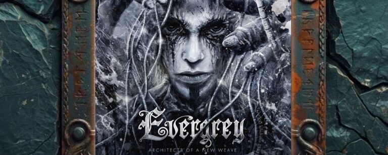 Albumcover von Evergrey – Architects Of A New Weave: Dunkles, grau-schwarzes Artwork mit einem bleichen Gesicht im Zentrum, dessen Augen von schwarzer Farbe oder Tränen umgeben sind. Mehrere Hände halten Kabel, Drähte und Schläuche um den Kopf, wodurch der Eindruck eines künstlichen Nervensystems entsteht. Unten steht der Albumtitel, darüber das weiße Evergrey-Logo.