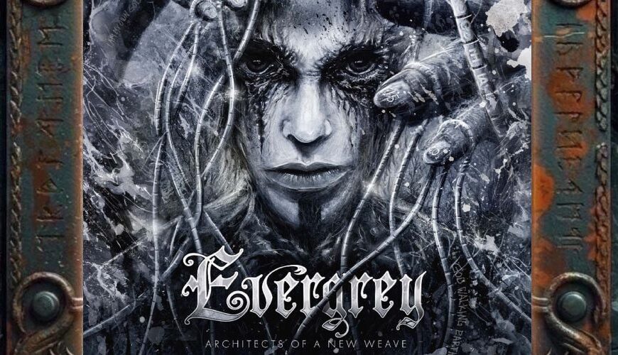 Albumcover von Evergrey – Architects Of A New Weave: Dunkles, grau-schwarzes Artwork mit einem bleichen Gesicht im Zentrum, dessen Augen von schwarzer Farbe oder Tränen umgeben sind. Mehrere Hände halten Kabel, Drähte und Schläuche um den Kopf, wodurch der Eindruck eines künstlichen Nervensystems entsteht. Unten steht der Albumtitel, darüber das weiße Evergrey-Logo.