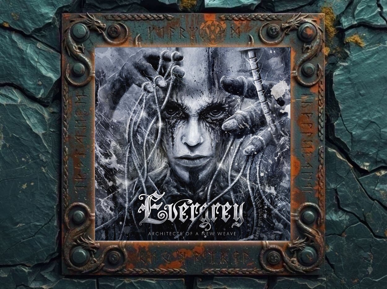 Albumcover von Evergrey – Architects Of A New Weave: Dunkles, grau-schwarzes Artwork mit einem bleichen Gesicht im Zentrum, dessen Augen von schwarzer Farbe oder Tränen umgeben sind. Mehrere Hände halten Kabel, Drähte und Schläuche um den Kopf, wodurch der Eindruck eines künstlichen Nervensystems entsteht. Unten steht der Albumtitel, darüber das weiße Evergrey-Logo.