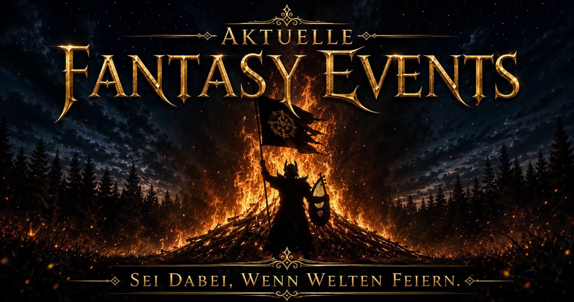 Fantasy Events Banner: Ein dunkler Krieger erhebt seine Fahne vor einem riesigen lodernden Feuer, während Funken in den Nachthimmel steigen