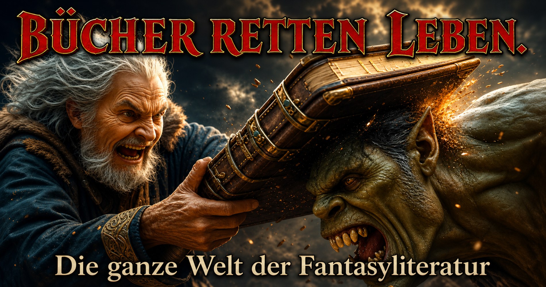 Banner für Fantasy Literatur. Zauberer verprügelt Ork mit Folianten.
