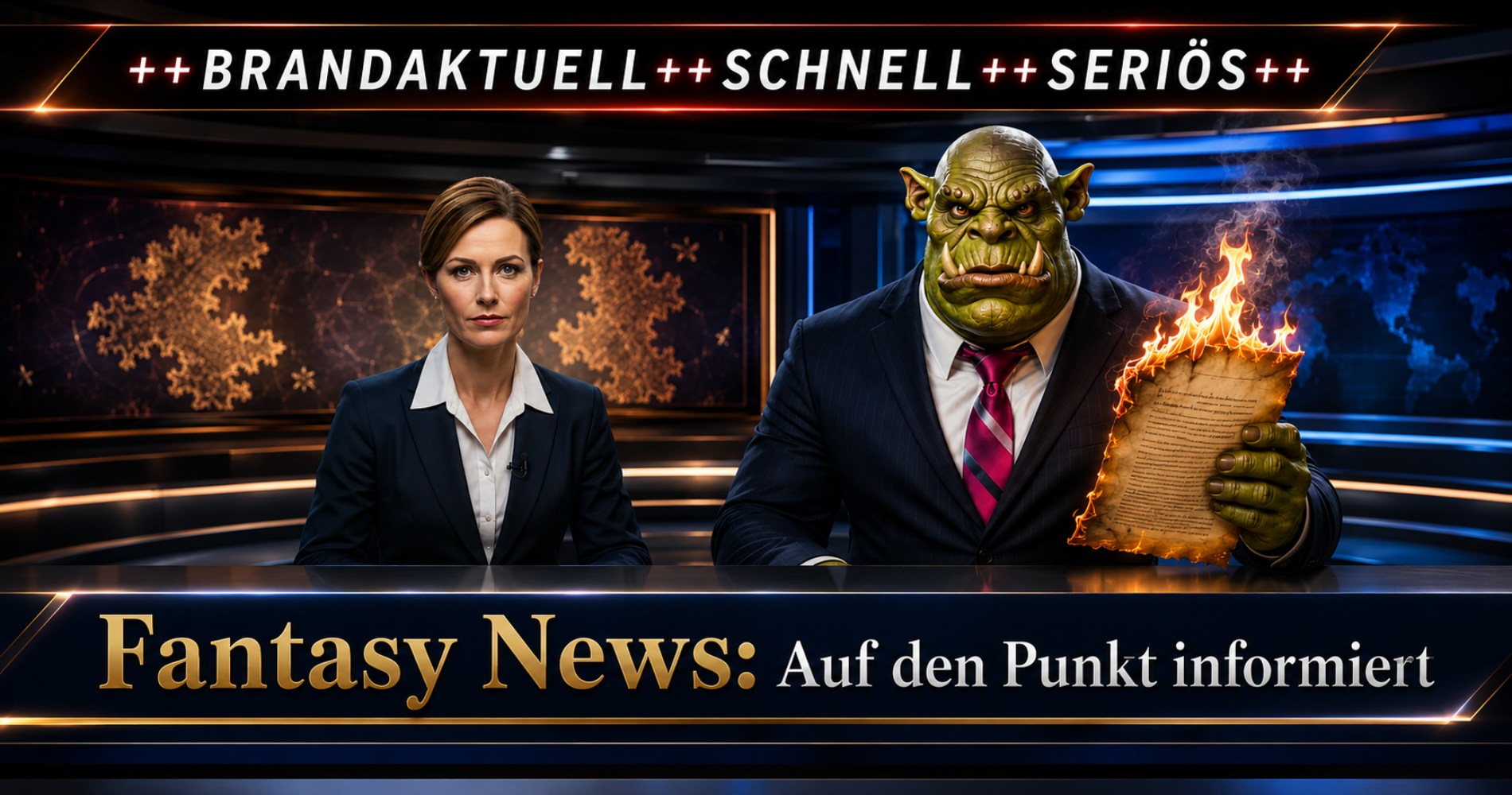 Nachrichtenszene mit einer seriösen Moderatorin und einem Ork im Anzug mit roter Krawatte; auf seiner Schulter lodert eine kleine Flamme – satirisches Fantasy-News-Banner.