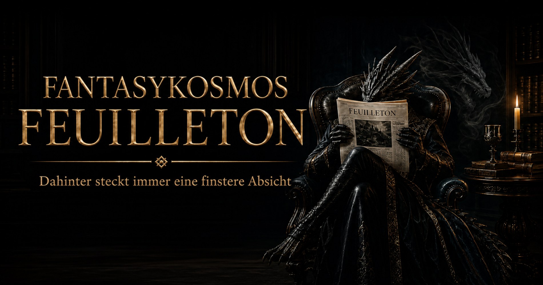 Der Banner für das Fantasykosmos Feuilleton mit lesendem Drachen hinter Zeitung. 