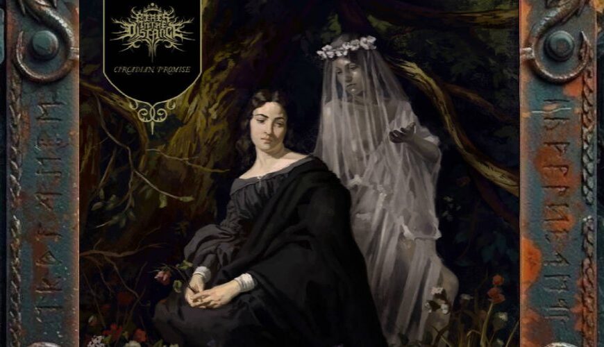 Albumcover Fires In The Distance – Circadian Promise: Dunkles Gemälde mit sitzender Frau in schwarzer Kleidung, geisterhafter Brautgestalt mit Schleier im Hintergrund, Blumen, Wurzeln und düsterer Waldatmosphäre; Bandlogo und Albumtitel stehen oben links in einem schwarzen Feld.
