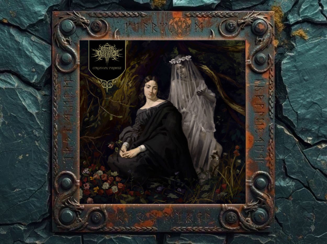 Albumcover Fires In The Distance – Circadian Promise: Dunkles Gemälde mit sitzender Frau in schwarzer Kleidung, geisterhafter Brautgestalt mit Schleier im Hintergrund, Blumen, Wurzeln und düsterer Waldatmosphäre; Bandlogo und Albumtitel stehen oben links in einem schwarzen Feld.