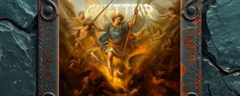 Albumcover Guilt Trip – Armour Of Angels: Geflügelte Engelsfigur mit Speer stürzt aus hellem Himmel in eine feurige Höllenszene voller Dämonen, Rauch und kämpfender Körper.