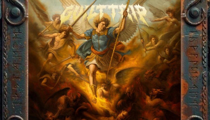 Albumcover Guilt Trip – Armour Of Angels: Geflügelte Engelsfigur mit Speer stürzt aus hellem Himmel in eine feurige Höllenszene voller Dämonen, Rauch und kämpfender Körper.