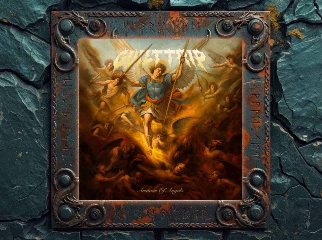 Albumcover Guilt Trip – Armour Of Angels: Geflügelte Engelsfigur mit Speer stürzt aus hellem Himmel in eine feurige Höllenszene voller Dämonen, Rauch und kämpfender Körper.