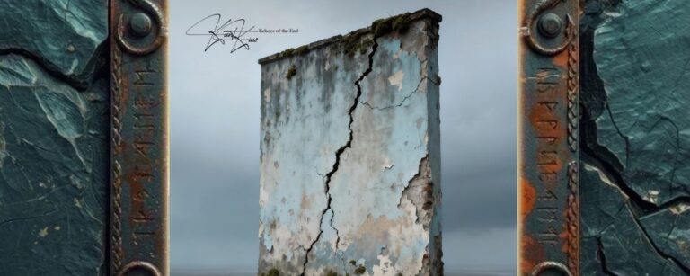 Albumcover Kant Kino – Echoes Of The End: Einzelne verwitterte hellblaue Wand mit tiefem vertikalem Riss, abblätterndem Putz, Moosbewuchs und graublauer nebliger Leere im Hintergrund; Bandname und Albumtitel stehen klein links oben.