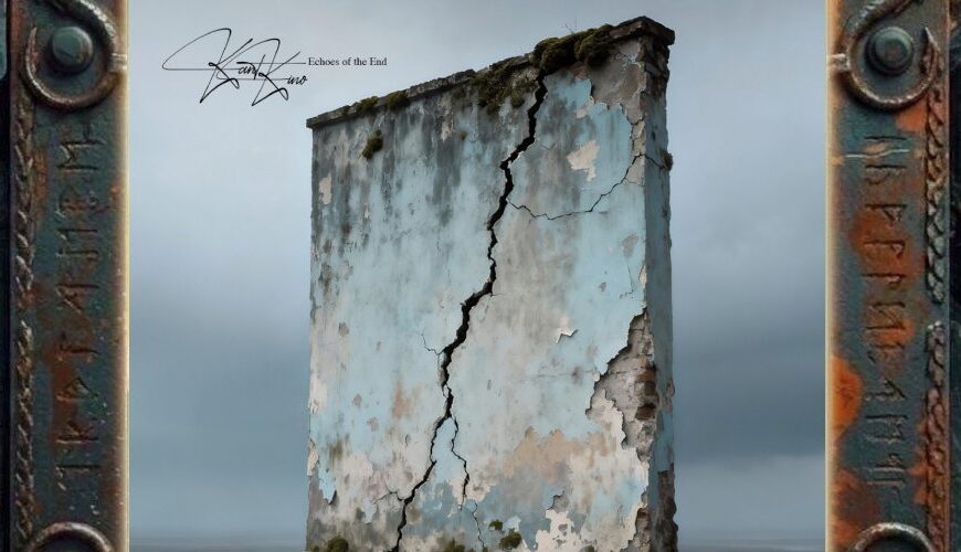 Albumcover Kant Kino – Echoes Of The End: Einzelne verwitterte hellblaue Wand mit tiefem vertikalem Riss, abblätterndem Putz, Moosbewuchs und graublauer nebliger Leere im Hintergrund; Bandname und Albumtitel stehen klein links oben.