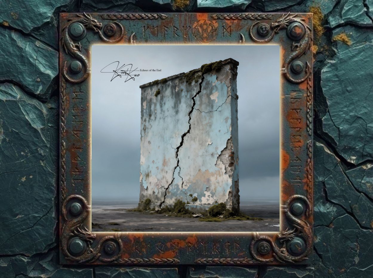 Albumcover Kant Kino – Echoes Of The End: Einzelne verwitterte hellblaue Wand mit tiefem vertikalem Riss, abblätterndem Putz, Moosbewuchs und graublauer nebliger Leere im Hintergrund; Bandname und Albumtitel stehen klein links oben.
