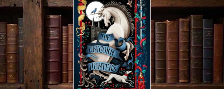 Cover von The Unicorn Hunters von Katherine Arden: ein weißes Einhorn vor Mond und gotischer Architektur, flankiert von ornamentalem Rahmen, einem Windhund und einer Frau im mittelalterlichen Gewand.