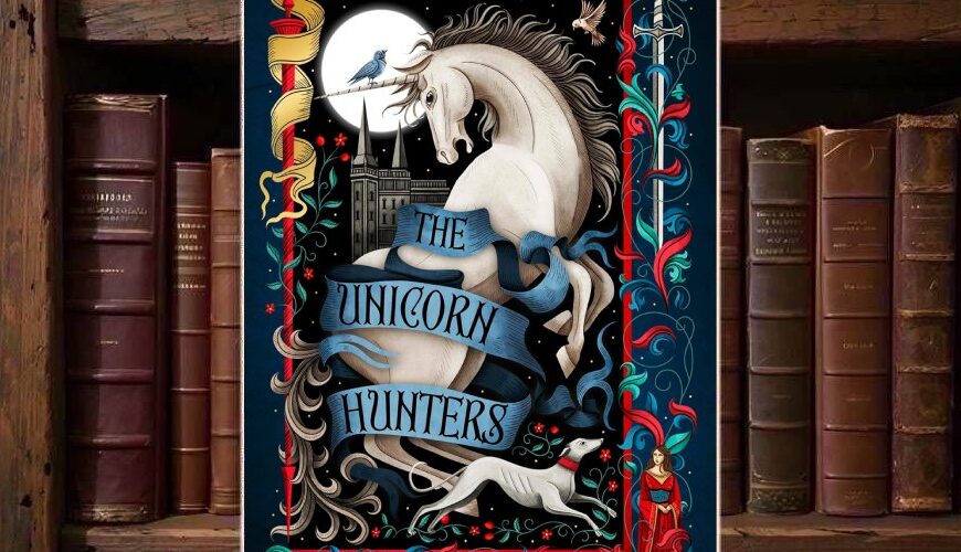 Cover von The Unicorn Hunters von Katherine Arden: ein weißes Einhorn vor Mond und gotischer Architektur, flankiert von ornamentalem Rahmen, einem Windhund und einer Frau im mittelalterlichen Gewand.