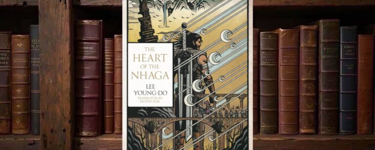 over von Lee Young-dos The Heart of the Nhaga vor einem Regal alter Bücher: Im Zentrum steht die englische Buchausgabe mit stilisierter Fantasy-Illustration, Berglandschaft, monumentaler Figur, langen hellen Linien und ornamentaler Bildsprache.