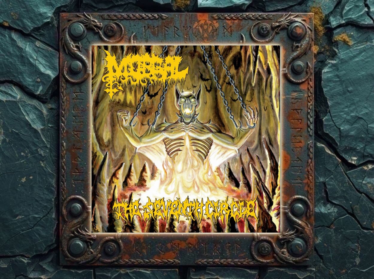 Albumcover von MORGAL – The Seventh Circle: Gelb-braunes Black-Metal-Artwork mit dämonischer Skelettgestalt in einer brennenden Höhle, erhobenen Armen, leuchtenden Augen, sichtbarem Brustkorb, herabhängenden Ketten, Fledermäusen im Hintergrund sowie gelbem Bandlogo oben links und Albumtitel unten.