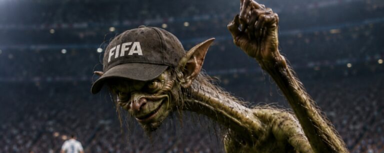 Ein langbeiniger, koboldartiger Schrat hockt am Rand eines WM-Spielfelds direkt an der Seitenlinie. Er hat einen langen Hals, spitze Ohren, ein fieses Grinsen und hebt einen knochigen Finger, als wolle er sofort Abseits anzeigen.