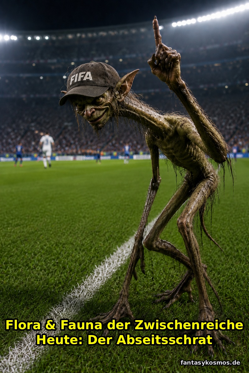 Kurioses Fantasy-Naturfoto im Hochformat: Ein langbeiniger, koboldartiger Schrat hockt am Rand eines WM-Spielfelds direkt an der Seitenlinie. Er hat einen langen Hals, spitze Ohren, ein fieses Grinsen und hebt einen knochigen Finger, als wolle er sofort Abseits anzeigen. Im Hintergrund liegen saftiger Rasen, verschwommene Stadionlichter und die angespannte Atmosphäre eines großen Fußballspiels. Unten rechts Signatur: fantasykosmos.de.