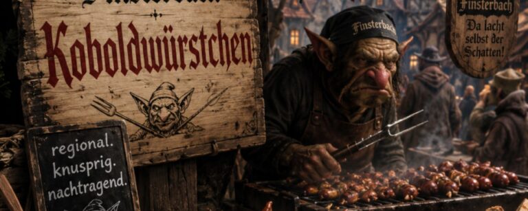 Fantasy-Meme im Stil einer düsteren Dorffest-Werbung: An einem schiefen Grillstand in Finsterbach verkauft ein mürrischer Grillmeister „Koboldwürstchen“. Auf einem großen Holzschild steht „Grillklassiker aus Finsterbach – Koboldwürstchen“, daneben der Slogan „regional. knusprig. nachtragend.“ Vorne auf einer Platte liegen glänzend gegrillte Würstchen mit kleinen koboldartigen Gesichtern, dazu Zwiebeln, Senf, Gurken und Brot. Im Hintergrund leuchten die Fenster eines finsteren Fantasy-Dorfs.