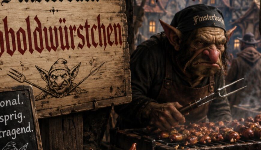 Fantasy-Meme im Stil einer düsteren Dorffest-Werbung: An einem schiefen Grillstand in Finsterbach verkauft ein mürrischer Grillmeister „Koboldwürstchen“. Auf einem großen Holzschild steht „Grillklassiker aus Finsterbach – Koboldwürstchen“, daneben der Slogan „regional. knusprig. nachtragend.“ Vorne auf einer Platte liegen glänzend gegrillte Würstchen mit kleinen koboldartigen Gesichtern, dazu Zwiebeln, Senf, Gurken und Brot. Im Hintergrund leuchten die Fenster eines finsteren Fantasy-Dorfs.