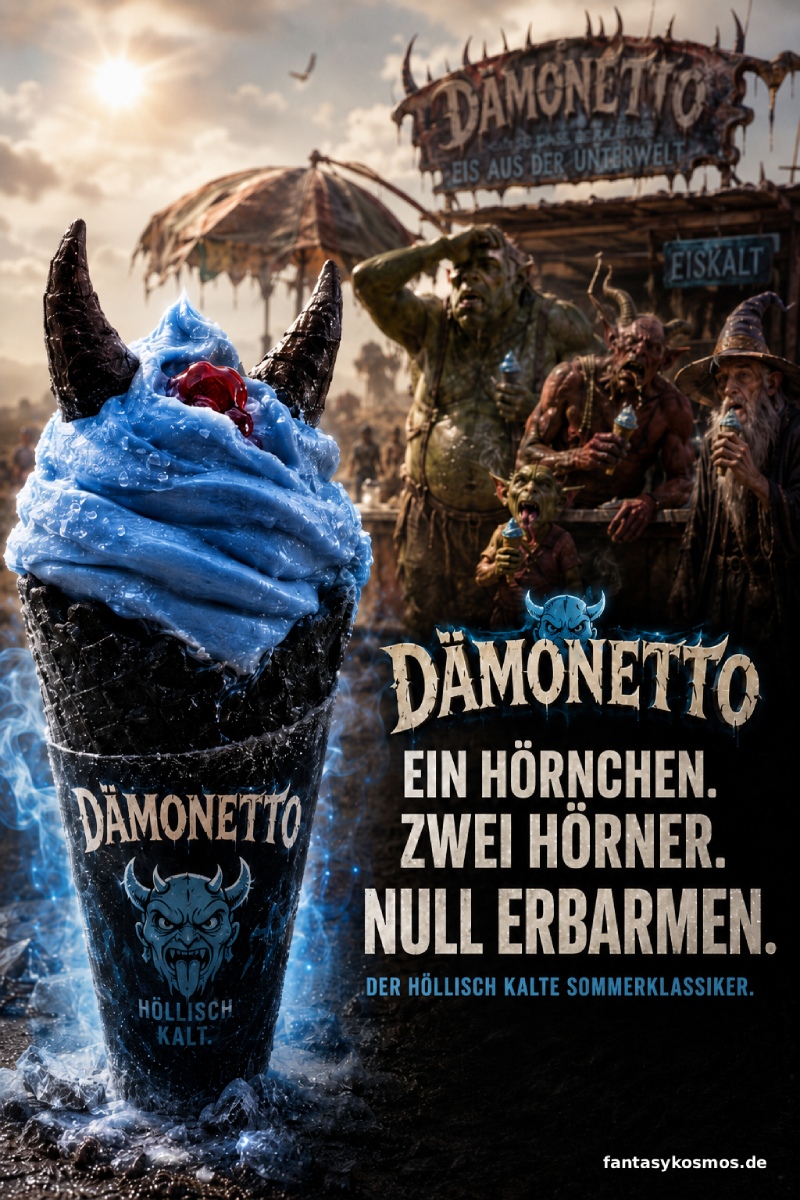 Fotorealistische Fantasy-Werbung im Hochformat: Links steht ein großes dämonisches Eis-Hörnchen mit schwarzer Waffel, zwei dunklen Hörnern, leuchtend blauer Eiscreme und rotem Kern. Um das Eis liegen Frost, Nebel und kalte blaue Effekte. Im Hintergrund befindet sich ein improvisierter Eisstand der Zwischenreiche, vor dem ein erschöpfter Ork, ein Dämon, ein kleiner Goblin und ein alter Zauberer in der Sommerhitze Eis essen. Rechts stehen Logo und Slogan: Dämonetto – Ein Hörnchen. Zwei Hörner. Null Erbarmen. Darunter die Zeile: Der höllisch kalte Sommerklassiker.
