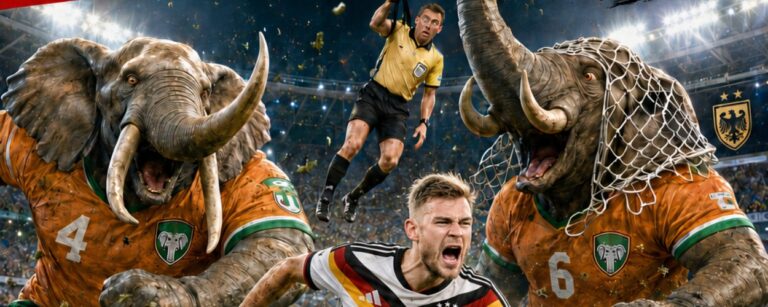 Satirisches WM-Magazincover: Ein deutscher Fußballspieler mit der Nummer 6 flieht über den Rasen vor einer Mannschaft gewaltiger Elefanten in orangefarbenen Trikots.