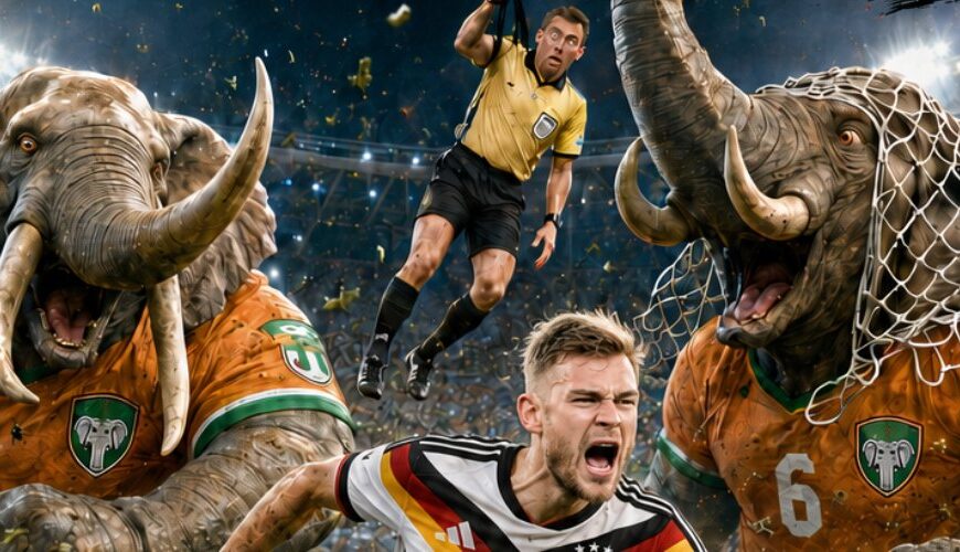 Satirisches WM-Magazincover: Ein deutscher Fußballspieler mit der Nummer 6 flieht über den Rasen vor einer Mannschaft gewaltiger Elefanten in orangefarbenen Trikots.