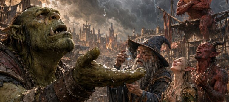 Fotorealistisches Fantasy-Meme im Hochformat: Auf einem staubigen, von Hitze gezeichneten Platz der Zwischenreiche fallen nach langer Dürre die ersten Regentropfen. Ein großer Ork streckt fassungslos die Hand in den Himmel. Daneben untersucht ein alter Magier einen Tropfen in einem kleinen Glasfläschchen, während eine Elfe und ein Dämon lächelnd nach oben blicken. Ein kleiner Goblin kniet im Matsch wie im Gebet. Rechts sitzt ein Zwerg mit Krug und wischt sich bewegt durchs Gesicht. Im Hintergrund ziehen dunkle Regenwolken über eine ausgebrannte Stadt, während ein kleiner roter Drache auf einem Gerüst missmutig zusieht.