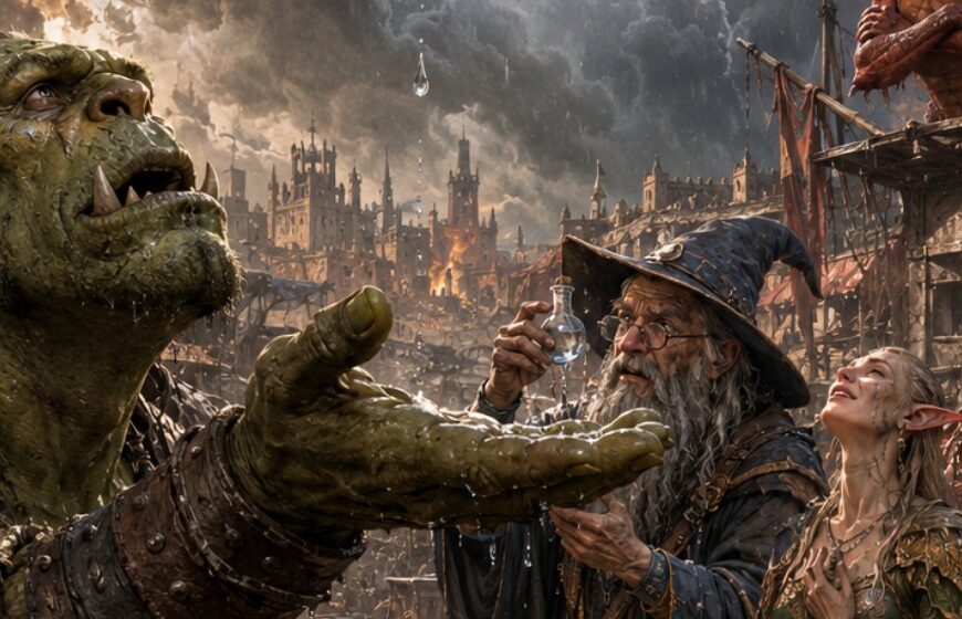 Fotorealistisches Fantasy-Meme im Hochformat: Auf einem staubigen, von Hitze gezeichneten Platz der Zwischenreiche fallen nach langer Dürre die ersten Regentropfen. Ein großer Ork streckt fassungslos die Hand in den Himmel. Daneben untersucht ein alter Magier einen Tropfen in einem kleinen Glasfläschchen, während eine Elfe und ein Dämon lächelnd nach oben blicken. Ein kleiner Goblin kniet im Matsch wie im Gebet. Rechts sitzt ein Zwerg mit Krug und wischt sich bewegt durchs Gesicht. Im Hintergrund ziehen dunkle Regenwolken über eine ausgebrannte Stadt, während ein kleiner roter Drache auf einem Gerüst missmutig zusieht.