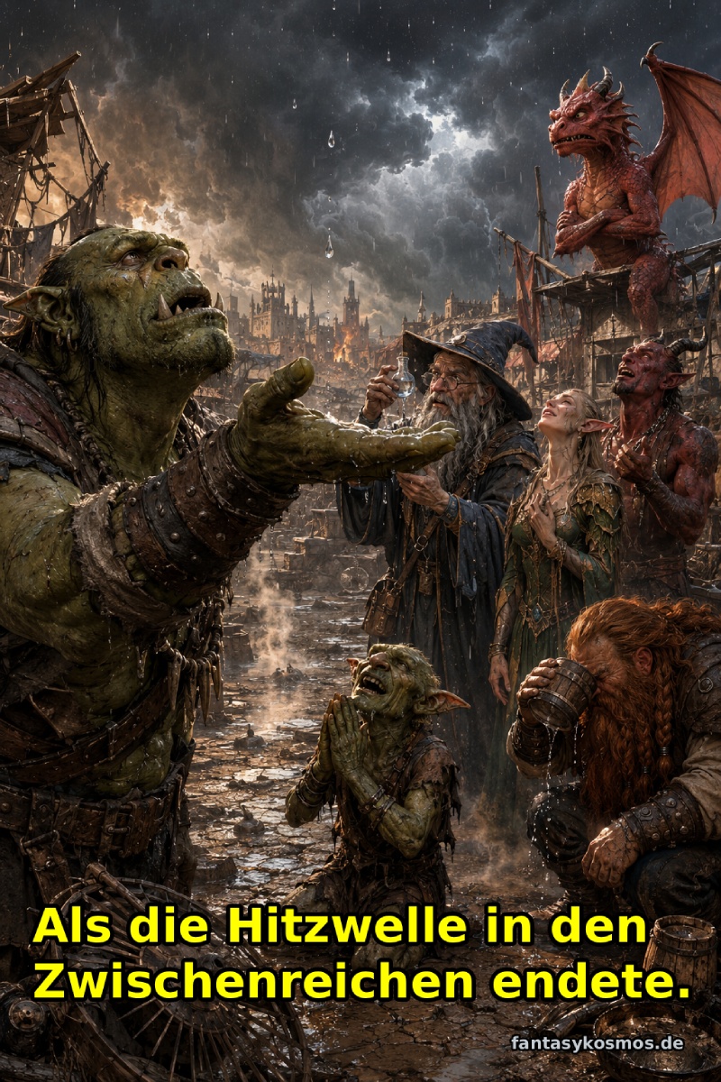 Fotorealistisches Fantasy-Meme im Hochformat: Auf einem staubigen, von Hitze gezeichneten Platz der Zwischenreiche fallen nach langer Dürre die ersten Regentropfen. Ein großer Ork streckt fassungslos die Hand in den Himmel. Daneben untersucht ein alter Magier einen Tropfen in einem kleinen Glasfläschchen, während eine Elfe und ein Dämon lächelnd nach oben blicken. Ein kleiner Goblin kniet im Matsch wie im Gebet. Rechts sitzt ein Zwerg mit Krug und wischt sich bewegt durchs Gesicht. Im Hintergrund ziehen dunkle Regenwolken über eine ausgebrannte Stadt, während ein kleiner roter Drache auf einem Gerüst missmutig zusieht.