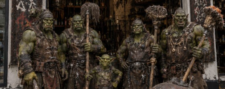 Fantasyhaftes Foto im Hochformat: Vor einem heruntergekommenen, runenbeschmierten Reinigungsbetrieb mit schäbigem Warg-Schädel-Logo posiert ein stolzes orkisches Reinigungsteam. Mehrere kräftige Orks und ein kleiner Goblin-Lehrling stehen vor der offenen Werkstatthöhle und halten bizarre Reinigungsgeräte wie Knochenbesen, Stalaktitenbürsten, Schleimschaufeln und einen rostigen Grottenstaubsauger. Überall hängen Ketten, Schädel und schiefe Schilder mit orkischen Runen.