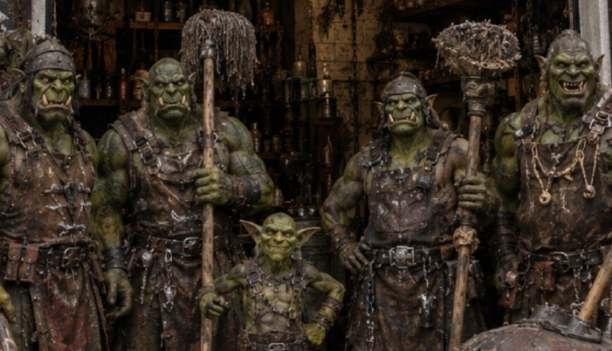 Fantasyhaftes Foto im Hochformat: Vor einem heruntergekommenen, runenbeschmierten Reinigungsbetrieb mit schäbigem Warg-Schädel-Logo posiert ein stolzes orkisches Reinigungsteam. Mehrere kräftige Orks und ein kleiner Goblin-Lehrling stehen vor der offenen Werkstatthöhle und halten bizarre Reinigungsgeräte wie Knochenbesen, Stalaktitenbürsten, Schleimschaufeln und einen rostigen Grottenstaubsauger. Überall hängen Ketten, Schädel und schiefe Schilder mit orkischen Runen.