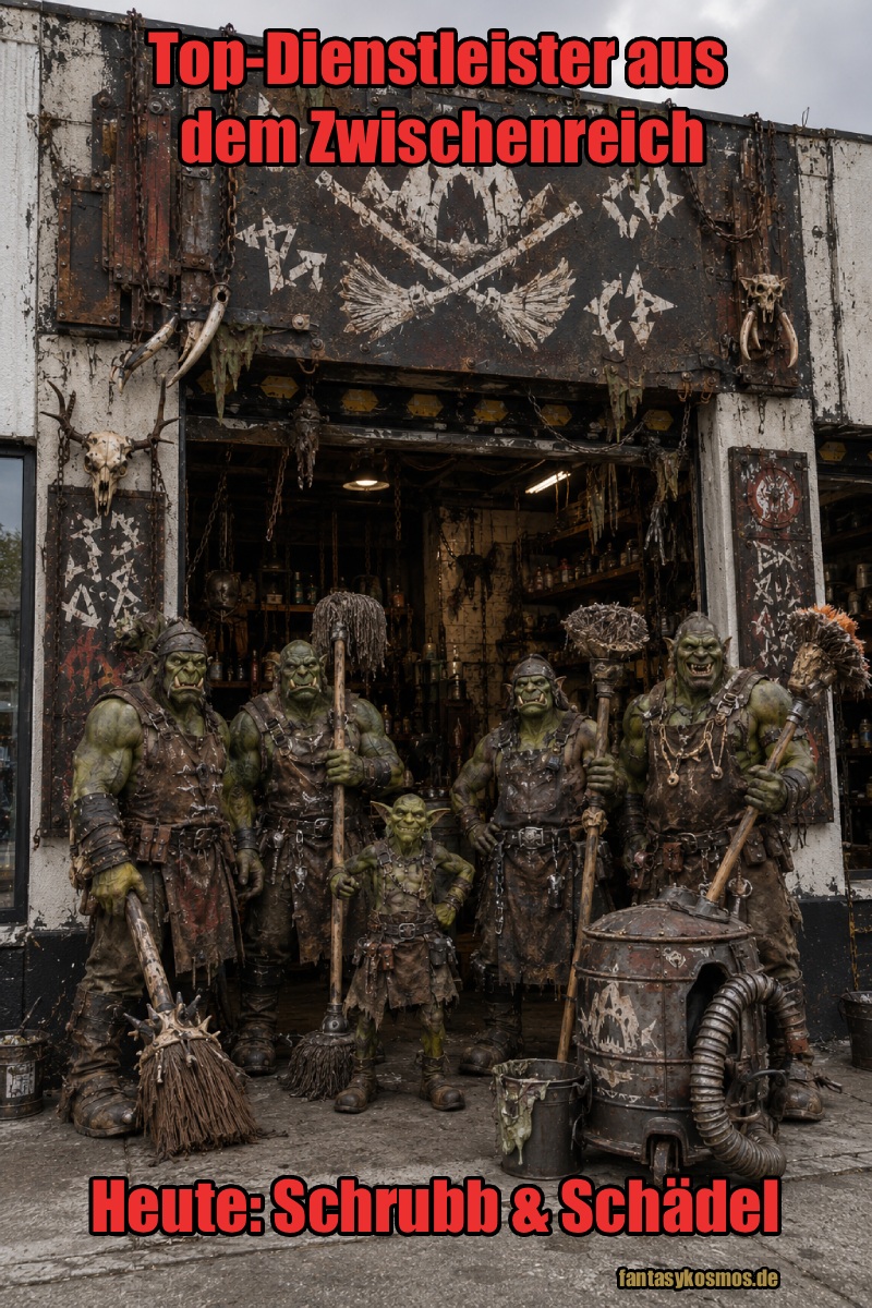 Fantasyhaftes Foto im Hochformat: Vor einem heruntergekommenen, runenbeschmierten Reinigungsbetrieb mit schäbigem Warg-Schädel-Logo posiert ein stolzes orkisches Reinigungsteam. Mehrere kräftige Orks und ein kleiner Goblin-Lehrling stehen vor der offenen Werkstatthöhle und halten bizarre Reinigungsgeräte wie Knochenbesen, Stalaktitenbürsten, Schleimschaufeln und einen rostigen Grottenstaubsauger. Überall hängen Ketten, Schädel und schiefe Schilder mit orkischen Runen. Unten rechts Signatur: fantasykosmos.de.