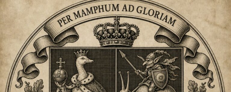 Antik wirkendes Wappen im Kupferstichstil auf vergilbtem Pergament: Das Wappen von Haus Mampfingen zeigt eine gekrönte Gans mit Reichsapfel, einen Goblinritter auf einer Riesenschnecke und einen Engel im Kampf gegen eine wütende Rübe. Oben steht im Banner das Pseudolatein-Motto „Per Mamphum ad Gloriam“.