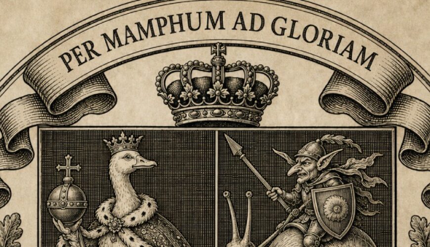 Antik wirkendes Wappen im Kupferstichstil auf vergilbtem Pergament: Das Wappen von Haus Mampfingen zeigt eine gekrönte Gans mit Reichsapfel, einen Goblinritter auf einer Riesenschnecke und einen Engel im Kampf gegen eine wütende Rübe. Oben steht im Banner das Pseudolatein-Motto „Per Mamphum ad Gloriam“.