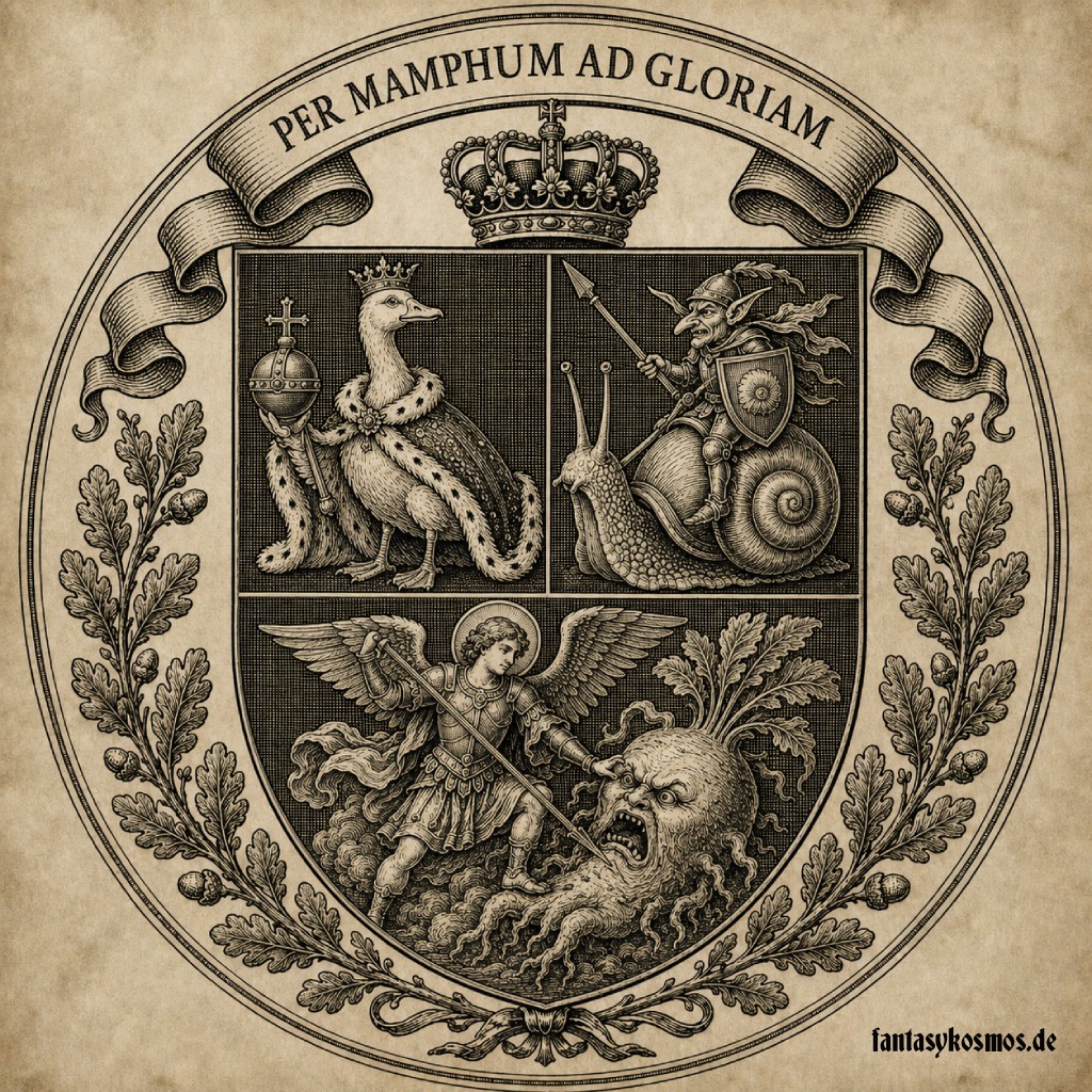 Antik wirkendes Wappen im Kupferstichstil auf vergilbtem Pergament: Das Wappen von Haus Mampfingen zeigt eine gekrönte Gans mit Reichsapfel, einen Goblinritter auf einer Riesenschnecke und einen Engel im Kampf gegen eine wütende Rübe. Oben steht im Banner das Pseudolatein-Motto „Per Mamphum ad Gloriam“.