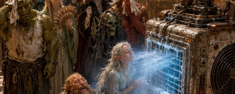 Satirisches Fantasy-Meme im Hochformat: Auf einem glühend heißen Marktplatz in Brat’Dur stehen Ork, Elf, Vampir, Dämon, Zwerg, Goblin und Drache friedlich vor einer alten rostigen Klimaanlage. Aus dem Gerät strömt blauer kalter Nebel, an der Front hängen Eiszapfen. Ein erschöpfter Elf sitzt direkt vor dem Luftstrom, während ein Goblin-Techniker unten rechts an Rohren und Ventilen arbeitet.