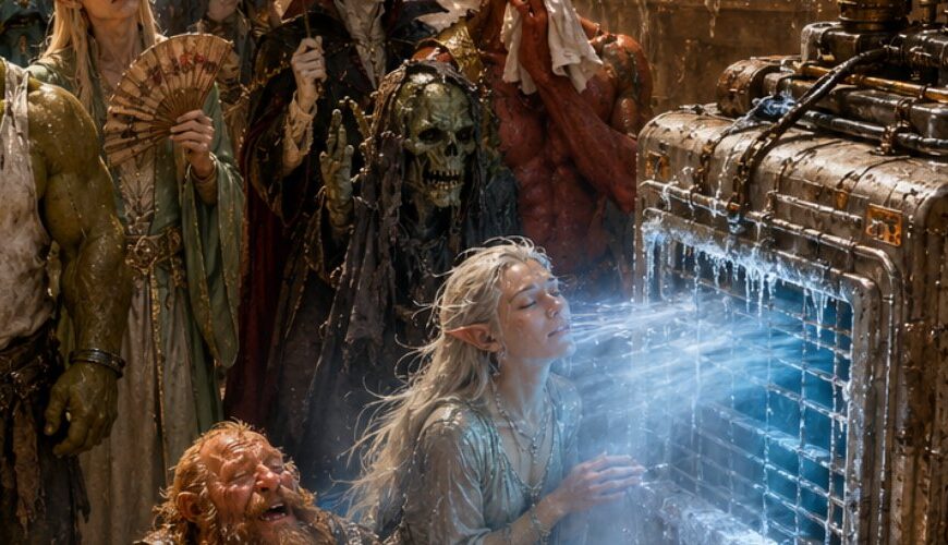 Satirisches Fantasy-Meme im Hochformat: Auf einem glühend heißen Marktplatz in Brat’Dur stehen Ork, Elf, Vampir, Dämon, Zwerg, Goblin und Drache friedlich vor einer alten rostigen Klimaanlage. Aus dem Gerät strömt blauer kalter Nebel, an der Front hängen Eiszapfen. Ein erschöpfter Elf sitzt direkt vor dem Luftstrom, während ein Goblin-Techniker unten rechts an Rohren und Ventilen arbeitet.